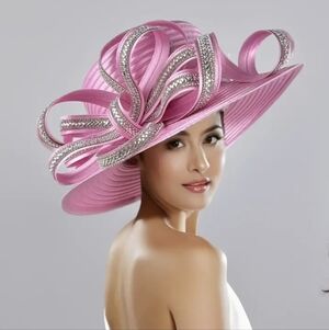 Elegant Pink Satin Ribbon Wide-Brim Hat with Rhinestone Trim